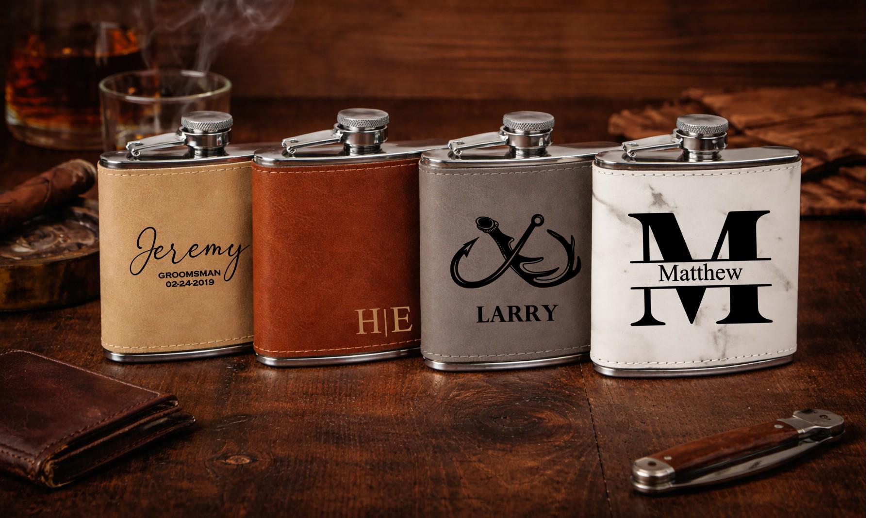 Personalized Leather Wrapped Flask • Custom Engraved 6oz Hip Flask