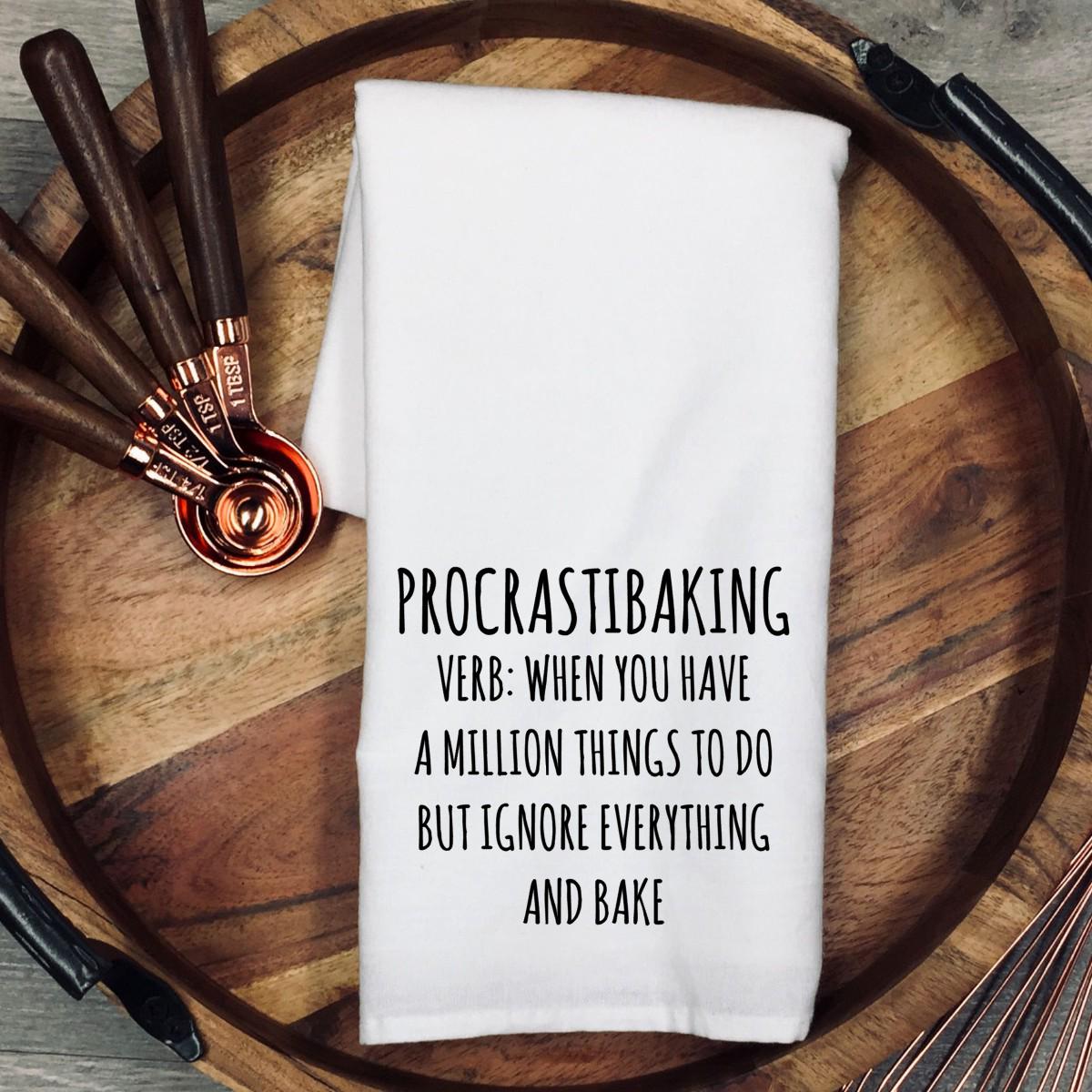 Funny Baking Tea Towel, Procrastibaking Kitchen Towel, Baker Gift, Baking Humor Gift, Flour Sack Dish Cloth, Gift for Mom