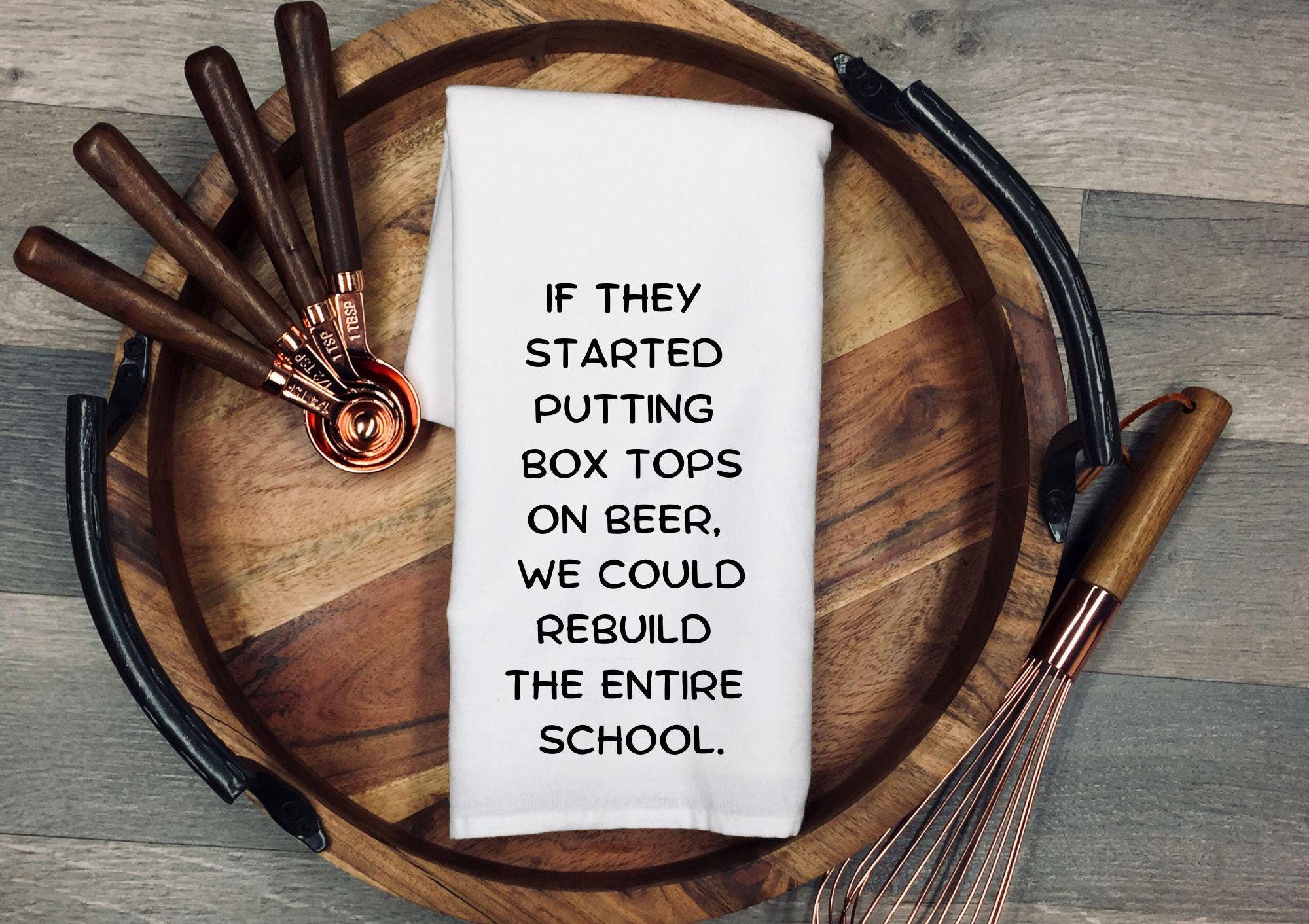 Funny "Box Tops on Beer" Tea Towel: Humorous Kitchen Decor