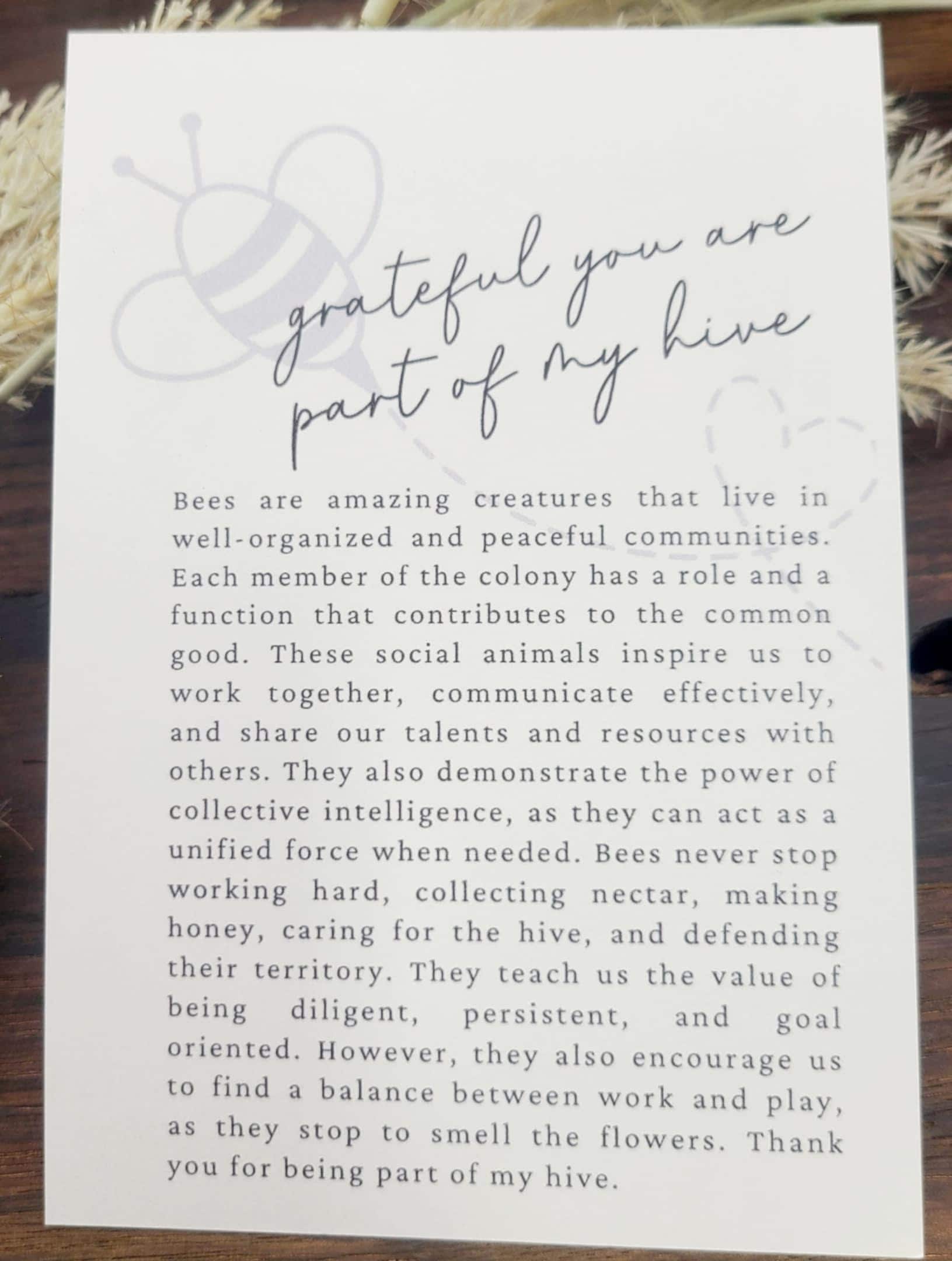Bee Wood Story Card Ornament "Thank you for being a part of my hive"