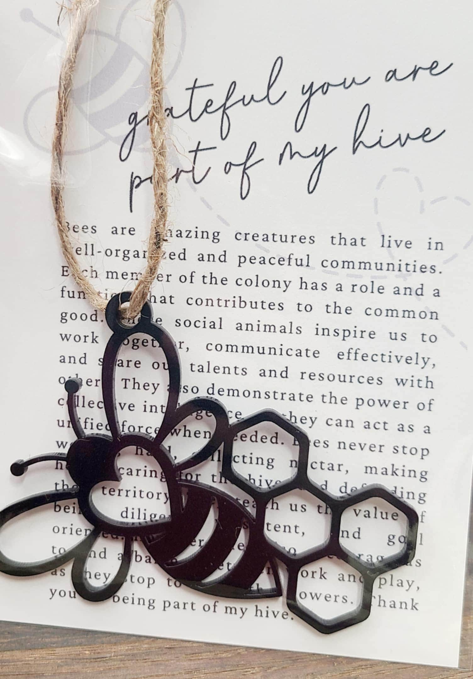 Bee Wood Story Card Ornament "Thank you for being a part of my hive"