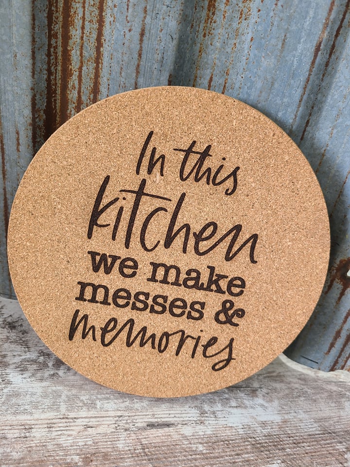 In this Kitchen we make Messes & Memories Custom Thick Circular Cork Kitchen Trivet