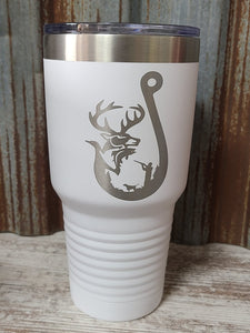 Hunting Deer Fishing white 30 ounce tumbler