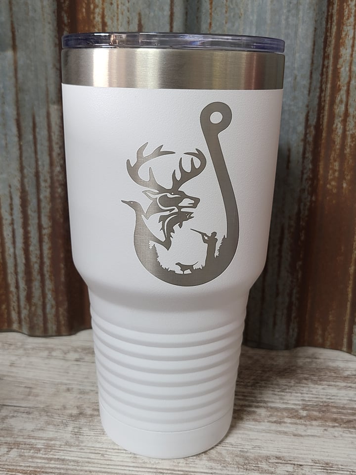Hunting Deer Fishing white 30 ounce tumbler