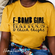 Load image into Gallery viewer, F bomb girl with tattoos and thick thighs t-shirt, graphic tee