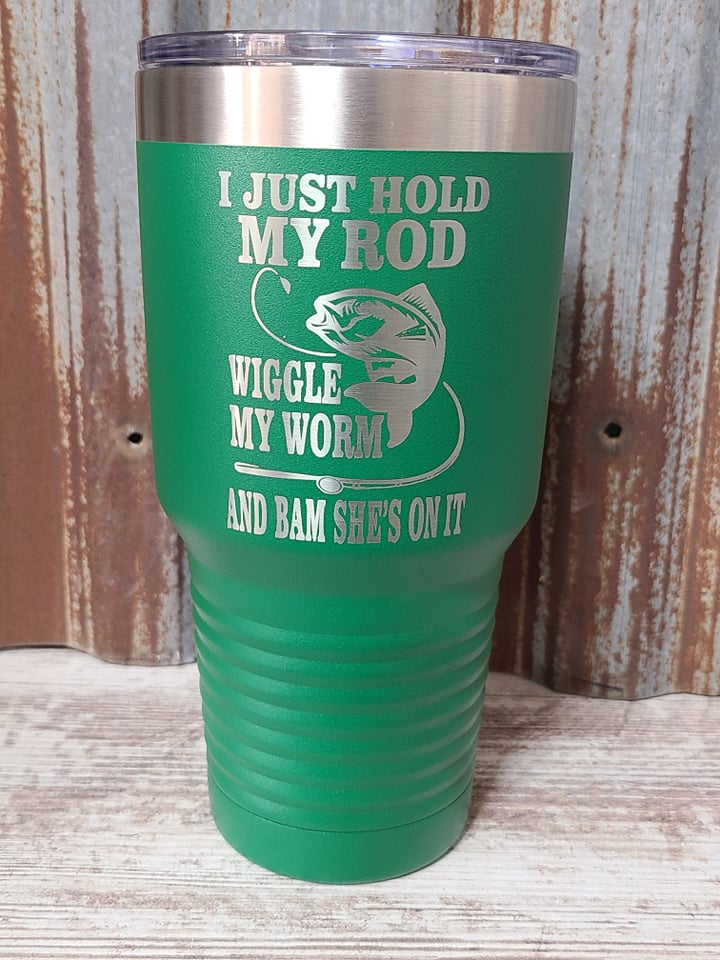I just hold my rod wiggle my room and bam she's on it Polar Camel 30 ounce Tumbler Green